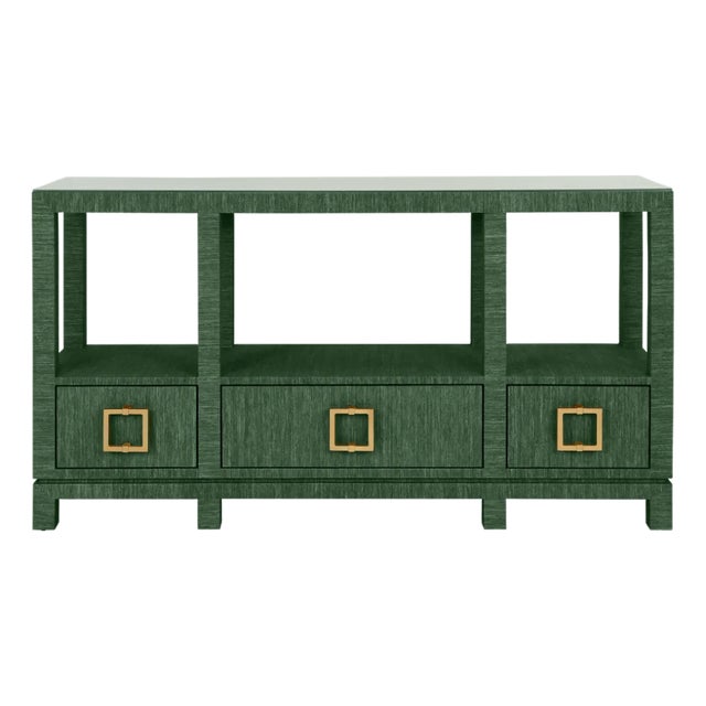 Matthew Izzo Home Campbell Green Grasscloth Two Tiered, Three Drawer Console Table With Satin Brass Hardword and Glass Top For Sale