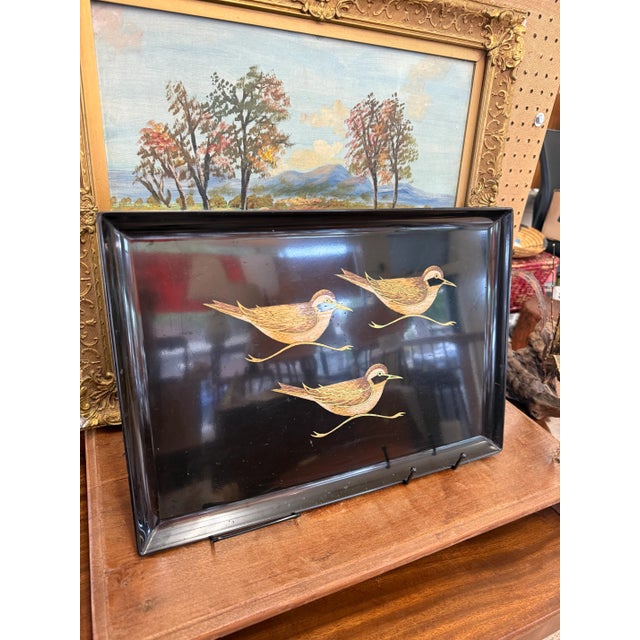 1950s Vintage Mid-Century Modern Black Lacquer Tray With Hand-Painted Shorebirds - 1950s Japanese Decorative Serving Art For Sale - Image 5 of 8
