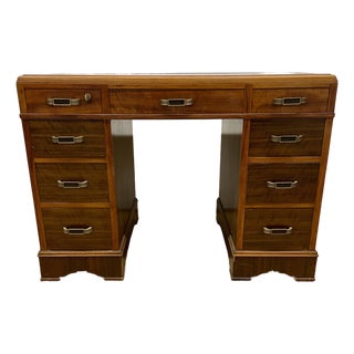 1920s Art Deco Walnut Desk W/ Bakelite Brass Handles For Sale