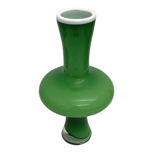 Vintage Italian Glass Green, White and Clear Cased Glass Vase For Sale