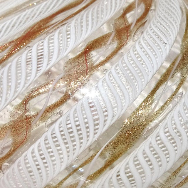 Mid 20th Century Vintage Murano Fratelli Toso White Copper Aventurine Ribbons Italian Art Glass Soliflore Flower Vase For Sale - Image 5 of 6