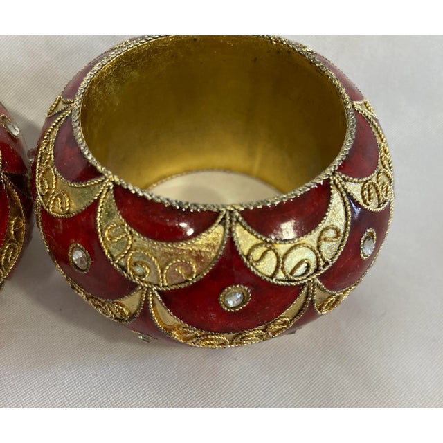 Indian 1990s Red & Gold Metal Napkin Rings- Set of 2 For Sale - Image 3 of 6
