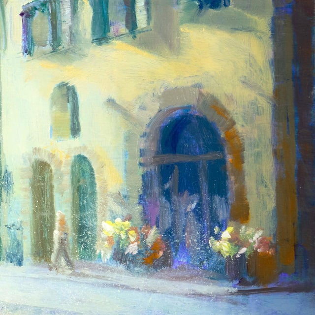 Contemporary Pistoia Street by Christopher Clark | Oil and Acrylic on Wood Panel City street scene with buildings and figures. For Sale - Image 3 of 4