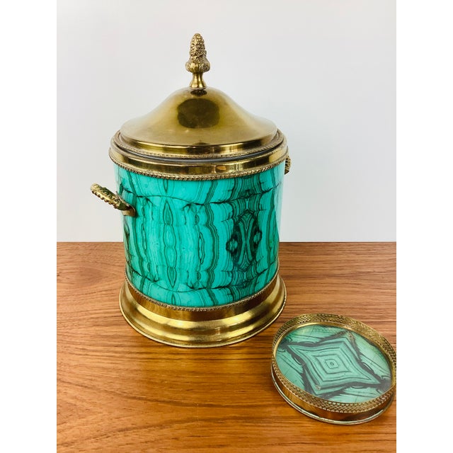 Mid-Century Modern Vintage Aldo Tura Style Hollywood Regency Malachite & Brass Ice Bucket & Bottle Coaster Set / Barware For Sale - Image 3 of 8