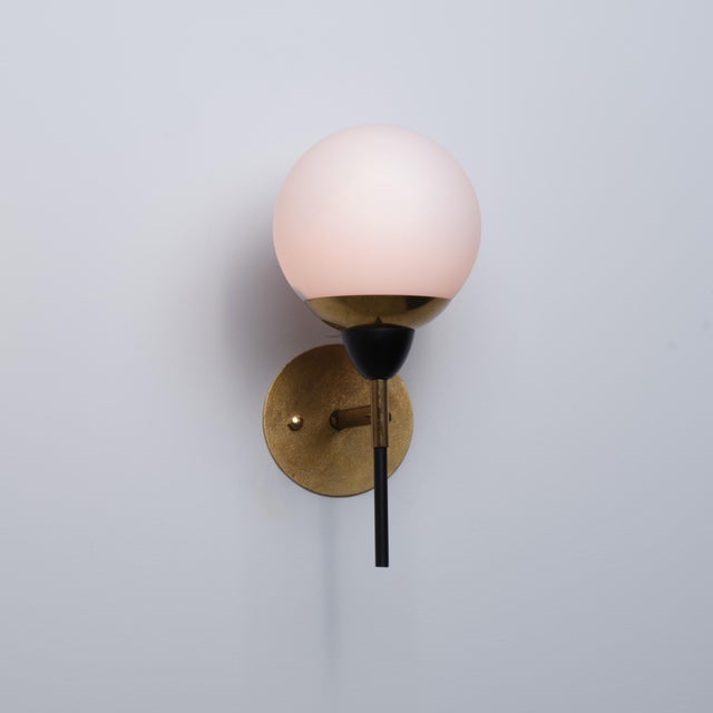 Italian Brass Black Lacquered Metal and Opaline Glass Globe Wall Sconce, 1950s For Sale - Image 6 of 8