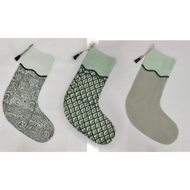 Not Yet Made - Made To Order Handmade Green Block Print Christmas Stockings, Set of 3 For Sale - Image 5 of 5