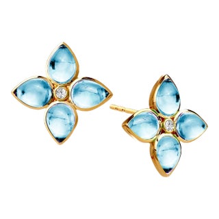 Syna Yellow Gold Blue Topaz Earrings with Diamonds, a Pair For Sale