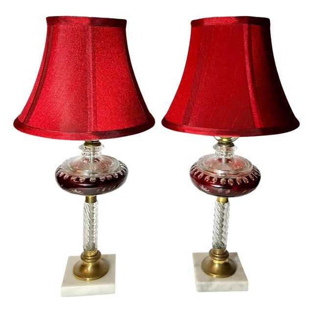 Victorian Era Etched Cranberry Glass Boudoir Table Lamps Pair For Sale