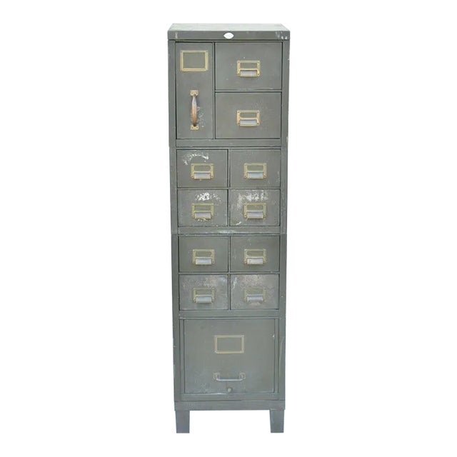 Vintage Army Green Steel Metal Industrial Narrow Stack File Cabinet by Art Metal For Sale