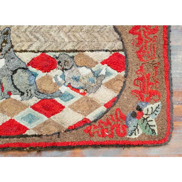 Late 19th Century 19th or 20th Century American Folk Art Hooked Rug With Cat and Two Kittens For Sale - Image 5 of 14