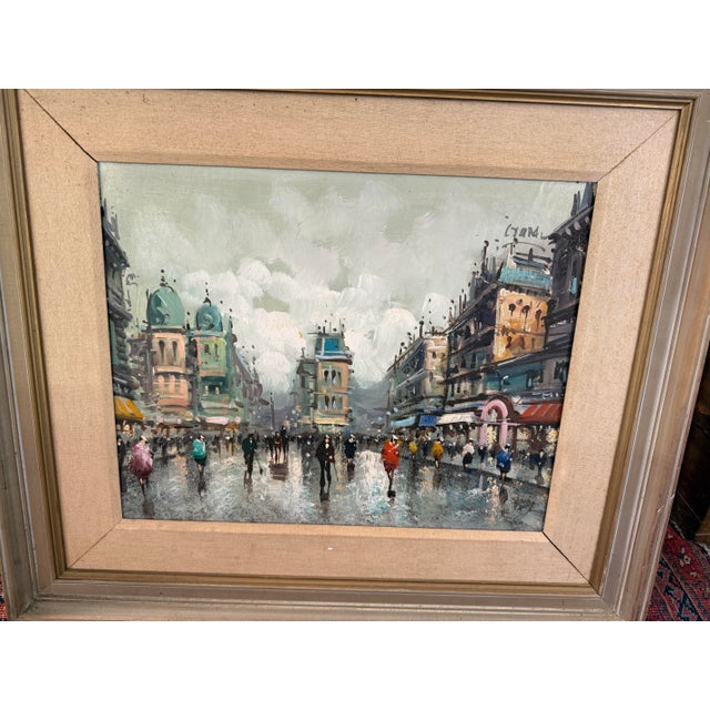 Mid-Century Modern Paris Street Scenes Circa 1960 Oil Paintings a Pair For Sale - Image 3 of 4