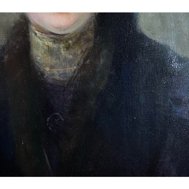 Black Oil on Canvas, Portrait Mademoiselle With a Hat Late 19th France Signed Julie Marest For Sale - Image 8 of 11