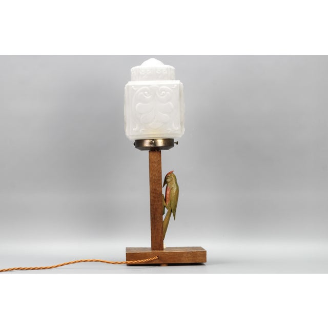 Art Deco Wooden and Frosted Glass Table Lamp with a Woodpecker, 1930s For Sale - Image 9 of 18
