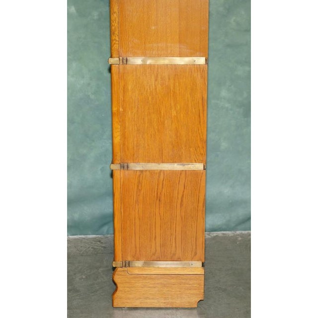 Antique Modular Honey Oak and Gilt Brass Stacking Bookcase with Glazed Retracting Doors For Sale - Image 13 of 18