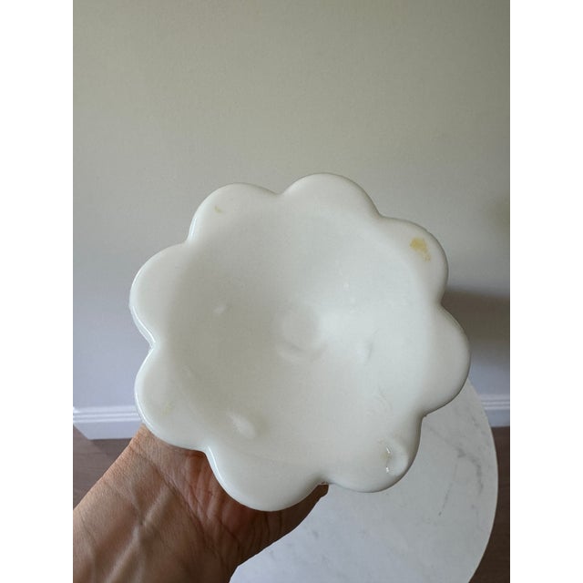 Glass Vintage Milk Glass Pedestal Compote With Embossed Rose and Fruit Relief, C. 1950s–60s For Sale - Image 7 of 7