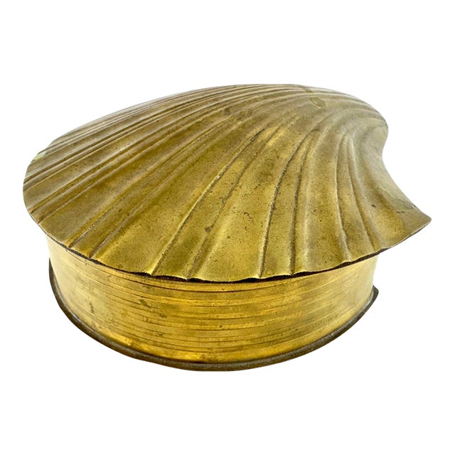 Vintage Mid Century Brass Scallop Shell Hinged Decorative Box For Sale