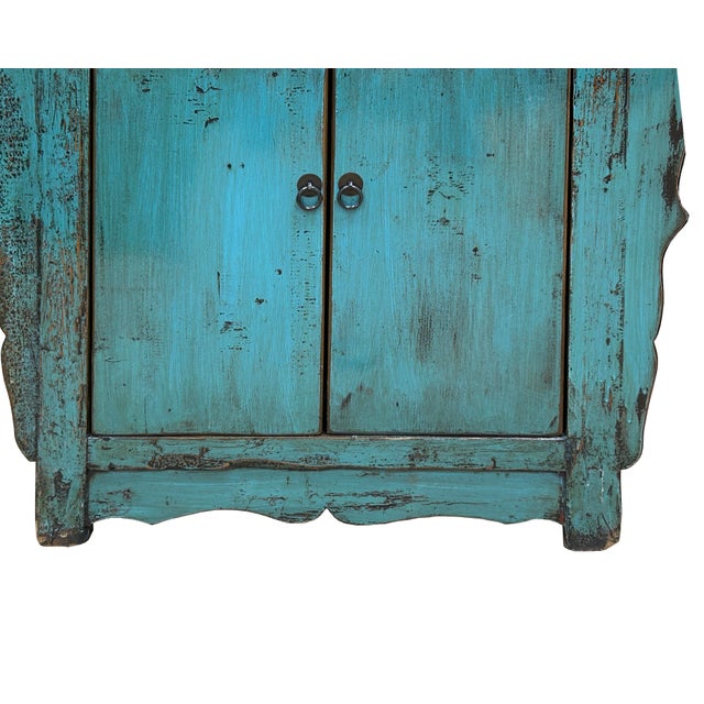 1970s Vintage Distressed Teal Blue Green Carved Apron Console Table For Sale - Image 5 of 10