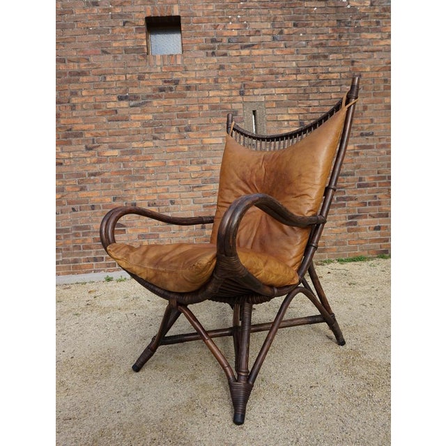 Mid-Century Modern Bamboo and Leather Sculptural Fan Back Lounge Chair, 1960s For Sale - Image 3 of 18
