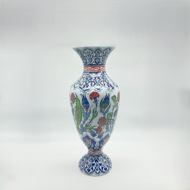Handmade Ceramic Palace Vase (50cm) Stylized Red Roses and Rumi Borders Pedestal Urn For Sale - Image 6 of 8