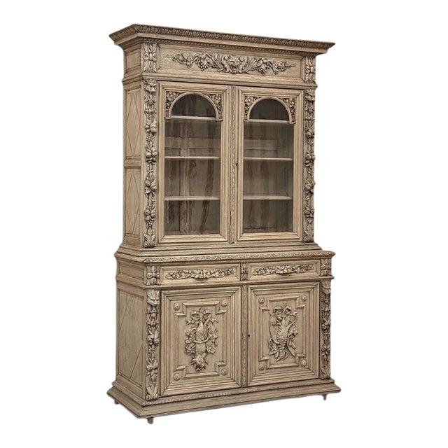 19th Century French Renaissance Hunt Stripped Oak Bookcase For Sale