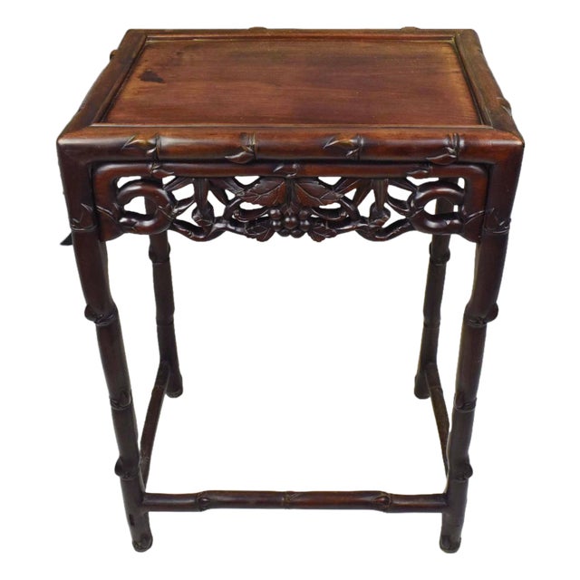 Early 20th Century Floral Bamboo Design Carved Rosewood Side Table - Plant Stand For Sale