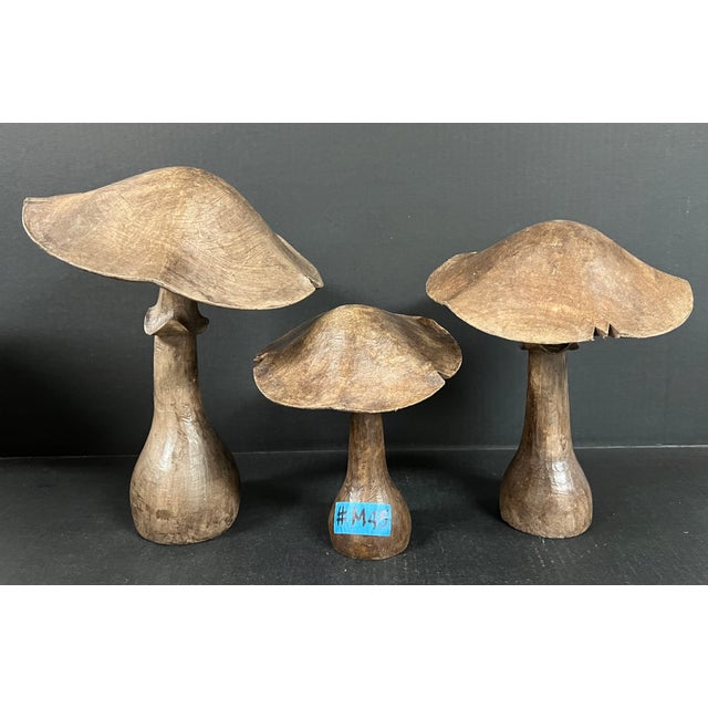 Brown Late 20th Century Set of 3 Folk Art Carved Wood Mushroom Sculpture #M45 For Sale - Image 8 of 10
