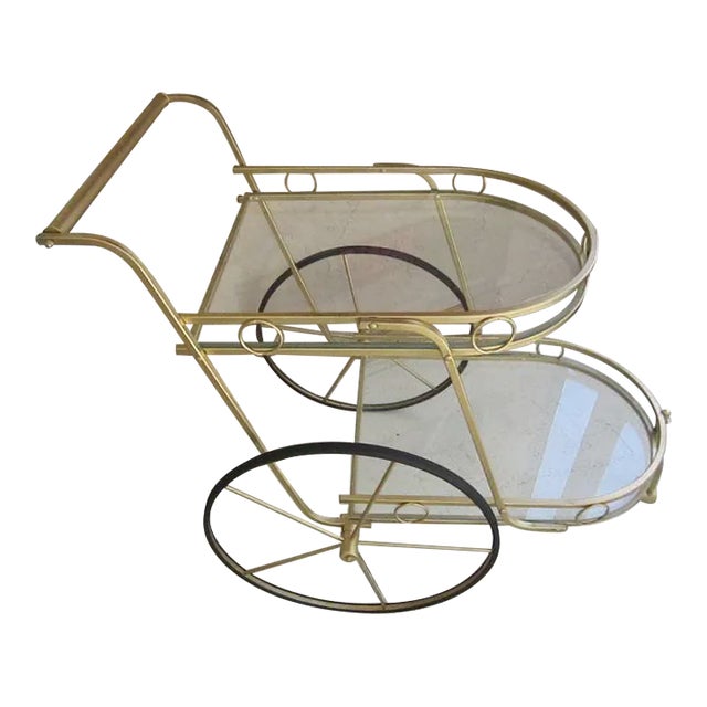 1970s Mid-Century Italian Metal Glass Gold Bar Beverage Cart For Sale