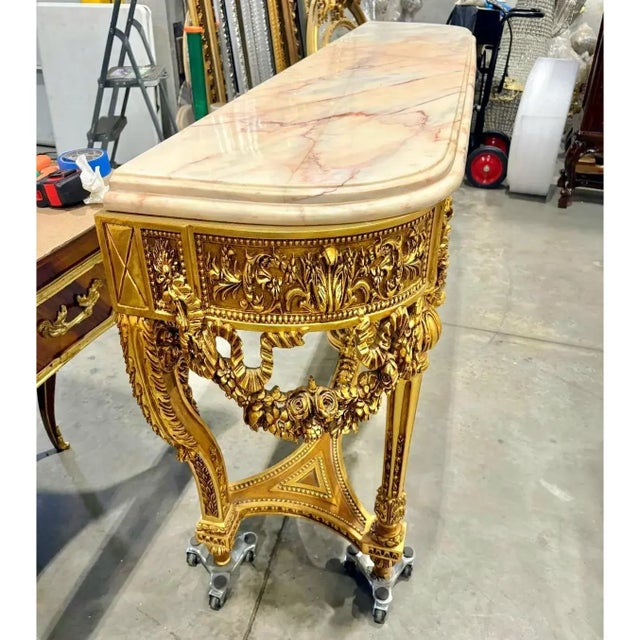 2020s French Louis XVI Console Table – Marble Top With Elegant Gold Leaf Details For Sale - Image 5 of 11