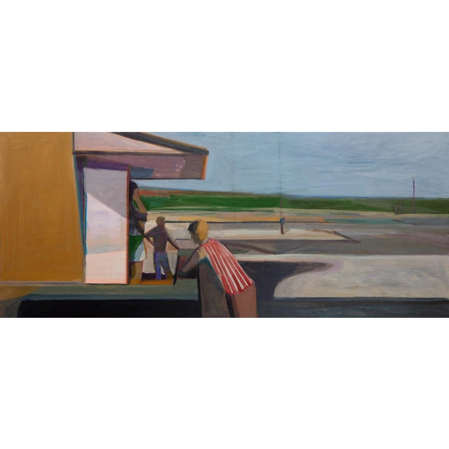 Neighbour by Hiroshi Sato | Oil on canvas depicting figures in a suburban setting. For Sale