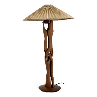 Sculptural Hand-Carved Table Lamp in Teak Wood, 1970s For Sale