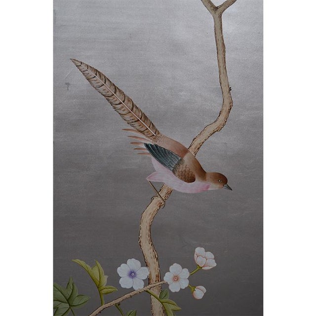 Silver Leaf Chinoiserie Hand-Painted Floral & Bird Wall Panels (Set of 6) For Sale - Image 4 of 6