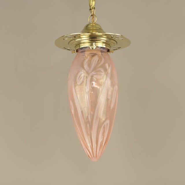 Gold Art Nouveau Pendant Lamp with Floral Opal Glass Shade, 1890s For Sale - Image 8 of 8
