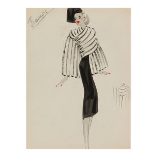 Vintage French Fashion Wall Art Print – White Coat & Black Dress, 18" X 24" For Sale