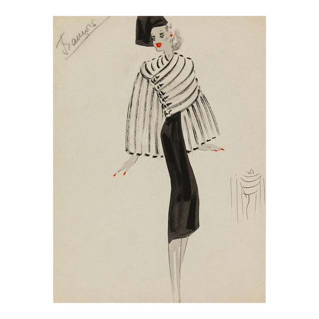 Vintage French Fashion Wall Art Print – White Coat & Black Dress, 18" X 24" For Sale