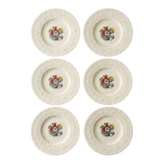 Vintage Crown Ducal English Dinner Plates With Embossed Floral Borders - Set of 6 For Sale