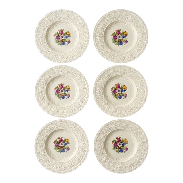 Vintage Crown Ducal English Dinner Plates With Embossed Floral Borders - Set of 6 For Sale