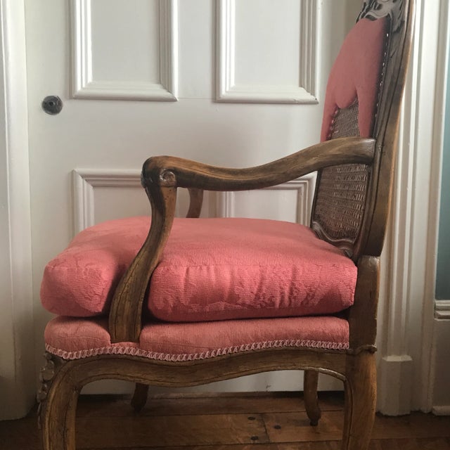 Brown Vintage Mid Century French Caned and Upholstered Chair For Sale - Image 8 of 9