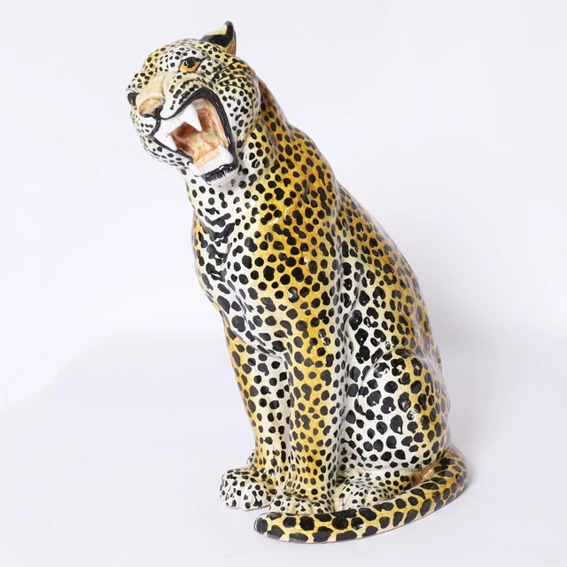 Late 20th Century Pair of Vintage Italian Glazed Terra Cotta Leopard or Cat Sculptures For Sale - Image 5 of 10