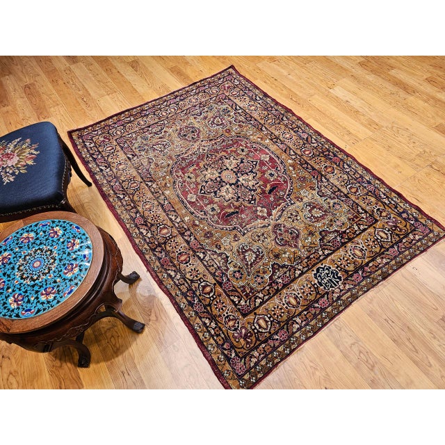 Textile 19th Century Persian Kerman Lavar Rug, Hand-Knotted Wool & Silk, Floral Pattern, Gold & Red, 4x6 For Sale - Image 7 of 16