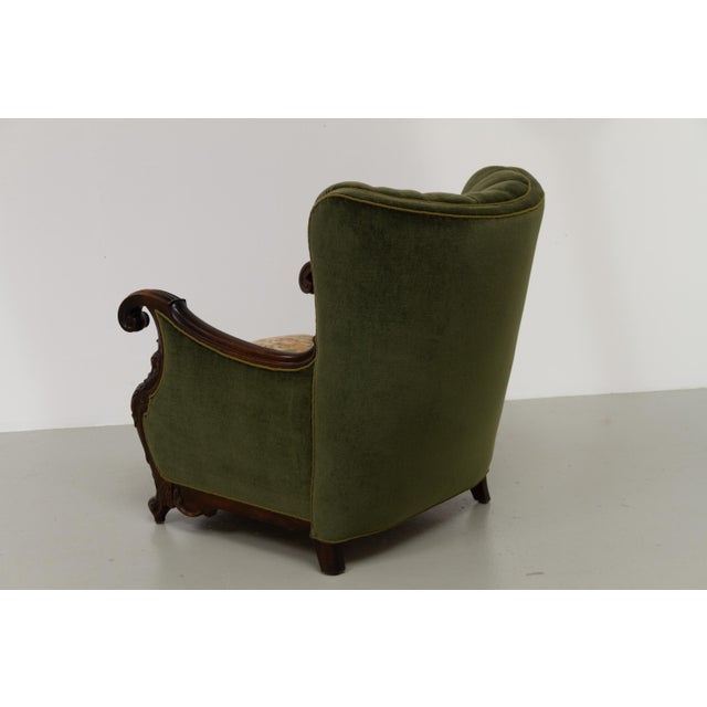 Danish Carved Lounge Chair in Green Velvet, 1920s For Sale - Image 16 of 18