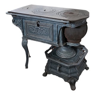 French Green Enamelled Cast Iron Wood Burning Stove For Sale