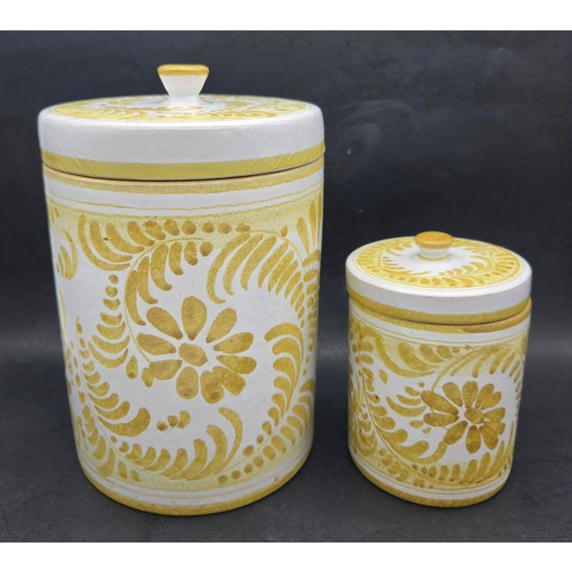 Offered are 2 glazed ceramic kitchen canisters made in Italy in the 1970s, each marked on the bottom 4/420. They are white...