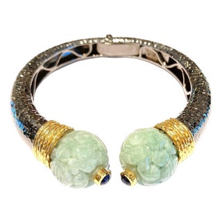 Bochic "Orient" Vintage Bangle Set 18K Gold & Silver with Vintage Carved Jade For Sale