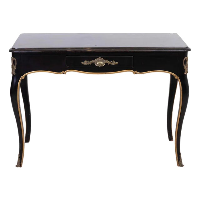 Regency Style Ebonized Marble Top Desk With Brass Mounts For Sale