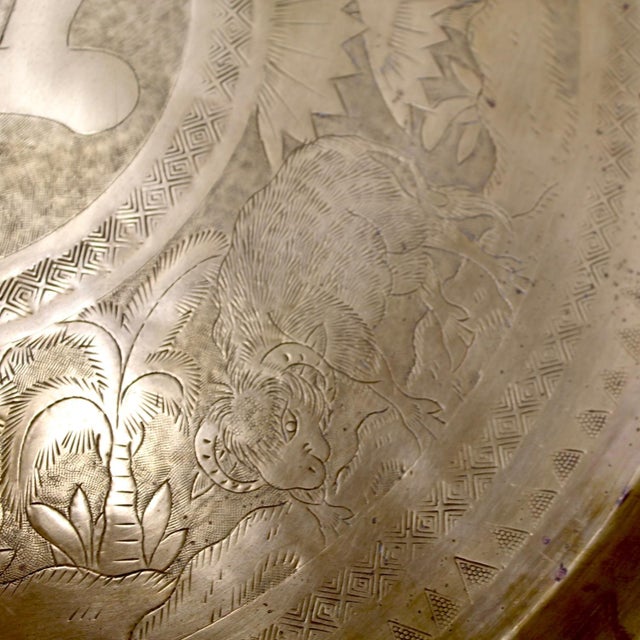 Large Vintage Etched Brass Tray With Chinese Design For Sale - Image 4 of 5