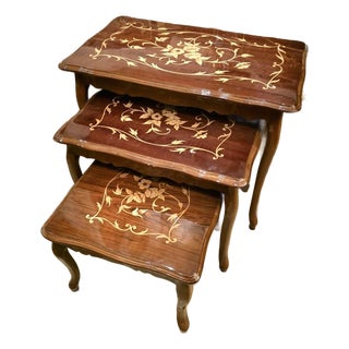 Set of 3 French-Style Nesting Tables – Floral Inlay Tops With Solid Wood Frames For Sale