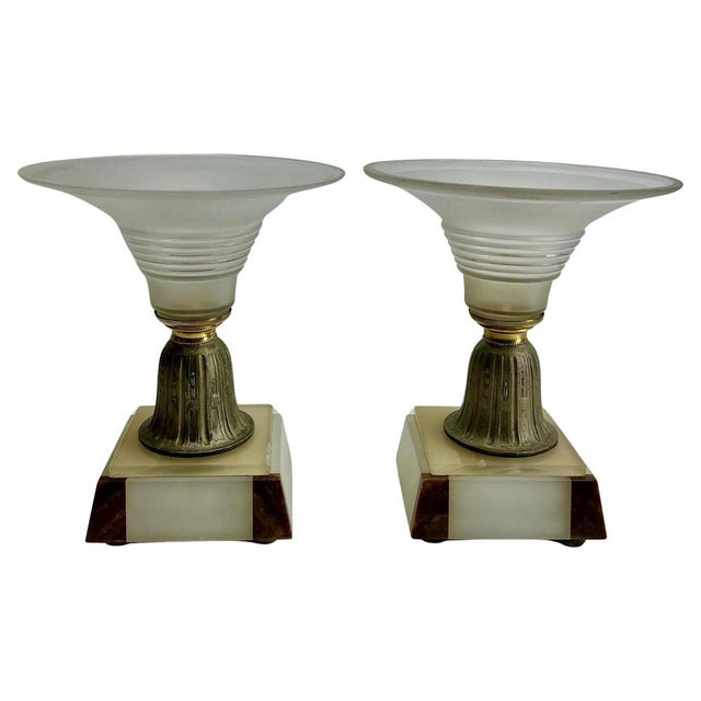 Art Deco Pair Pedestal Bowls with stylized Bronze on Onyx Plint with Bronze, Brass and Onyx Details Originel Patina on all...