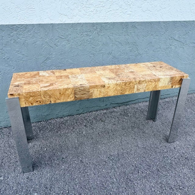 Wood Mid-Century Modern Burlwood Laminate and Chrome Console Table For Sale - Image 7 of 8