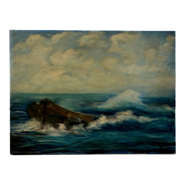 Vintage Moody Coastal Seascape Oil Painting With Dory in Rough Seas Ocean For Sale