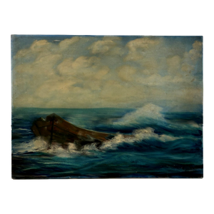 Vintage Moody Coastal Seascape Oil Painting With Dory in Rough Seas Ocean
